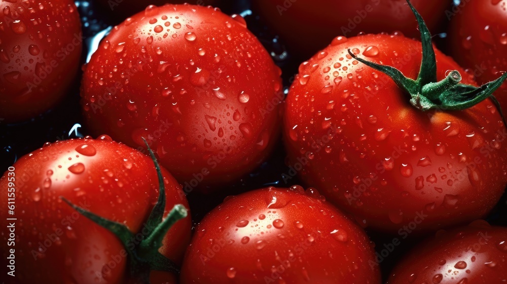 Perfect fresh red wet tomatoes with tomato on background. Generative AI