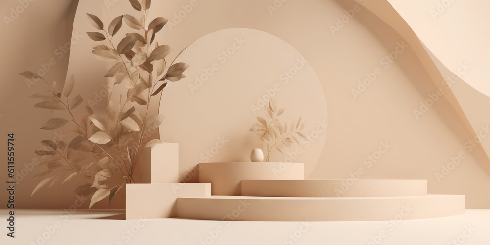 Beige podium for product display presentation. Sandstone and sandy colored plants. Generative AI