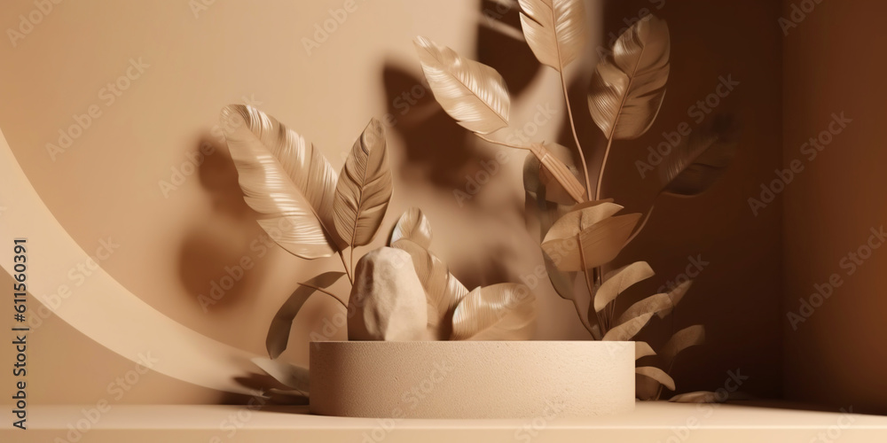 Beige podium for product display presentation. Sandstone and sandy colored plants. Generative AI