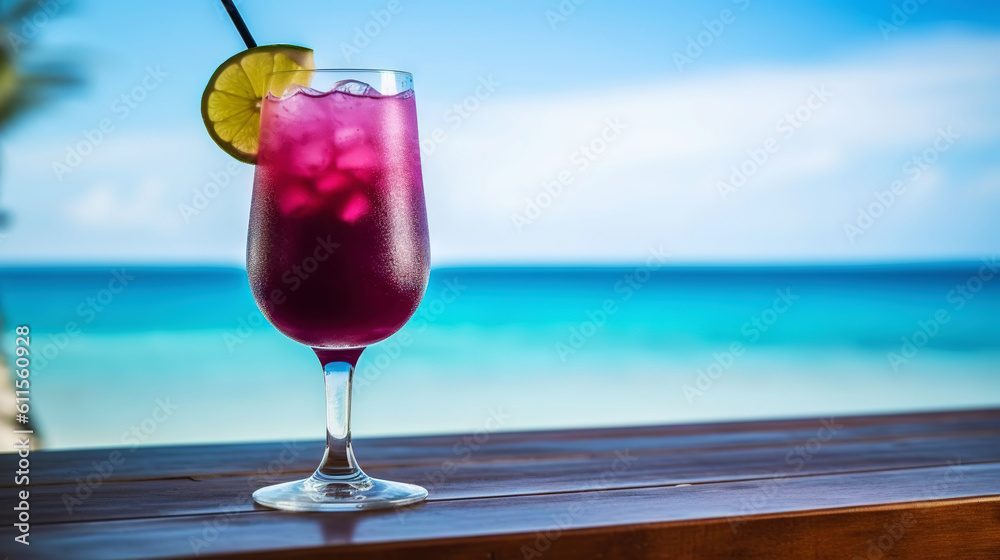 Purple Haze cocktail on background with blue sea and sky tropical background. Generative AI