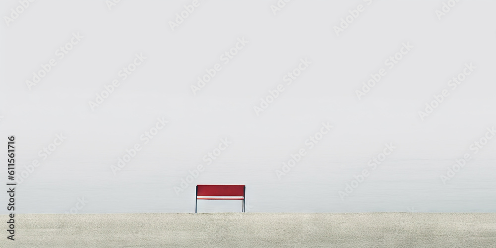 Minimalistic loneliness concept. Red bench and misty sea. Generative AI