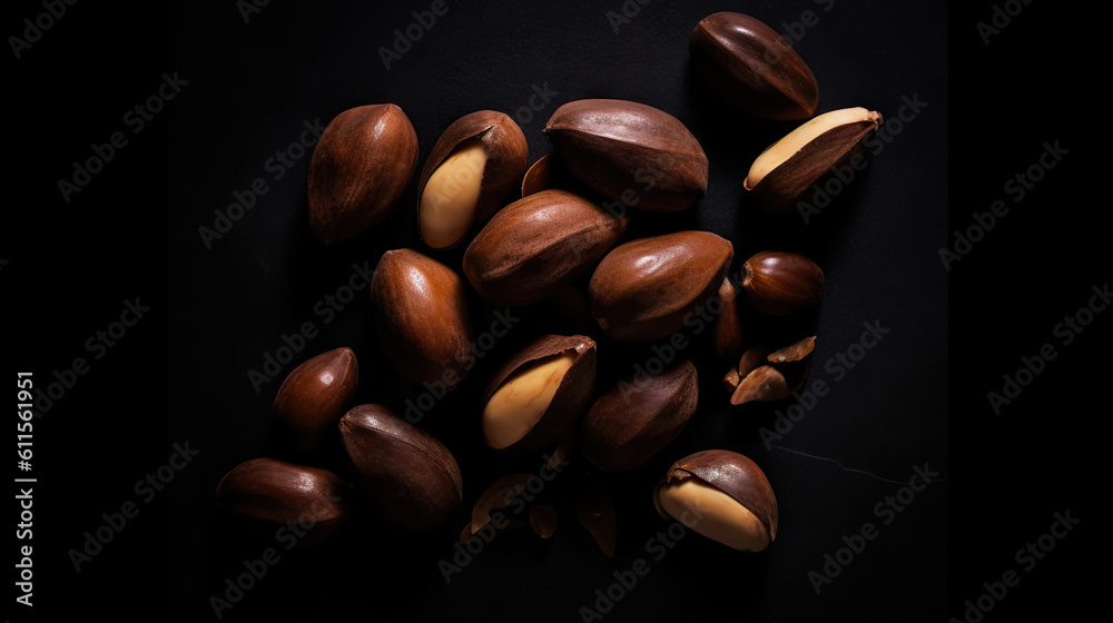 Many delicious Brazil nuts on dark background, top view. Generative AI