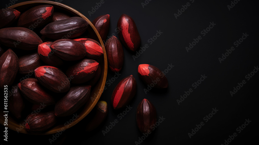 Dried Kola Nuts in a bowl on dark background. Food backdrop. Generative AI