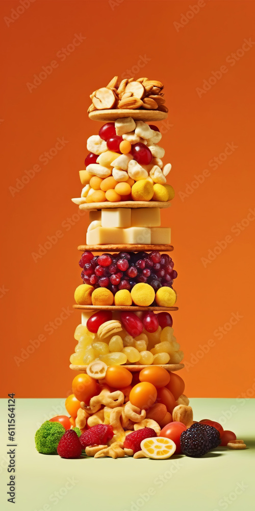 Equilibrium food balance diet concept. Balancing pyramid or tower of fruits. Generative AI