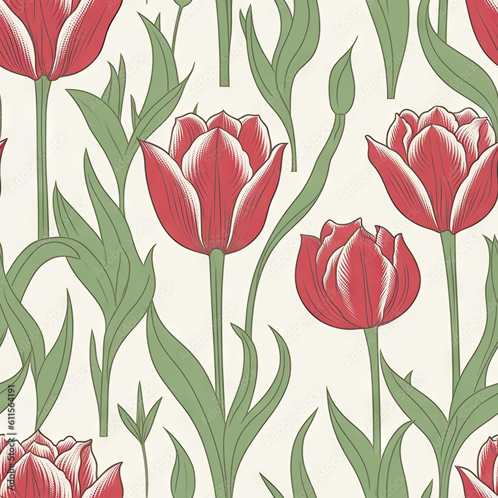 Tulip flower seamless pattern. Floral seamless background. Generative AI