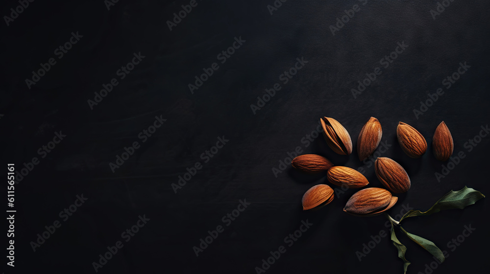 Group of raw peeled almonds on dark background. Generative AI