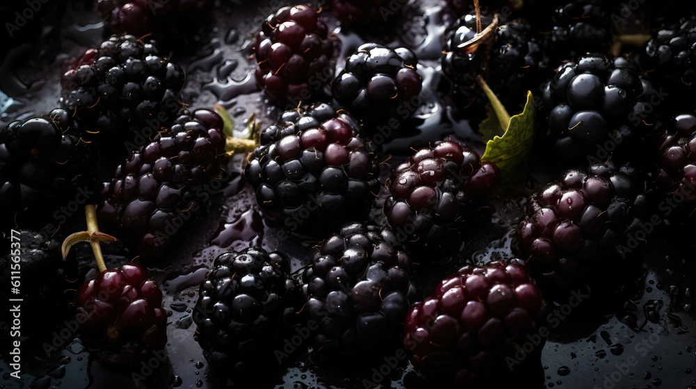 Fresh ripe blackberries with water drops background. Berries backdrop. Generative AI