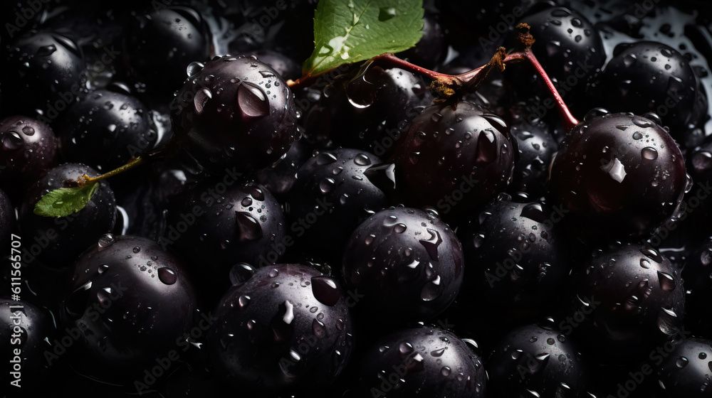 Fresh ripe blackcurrant with water drops background. Berries backdrop. Generative AI