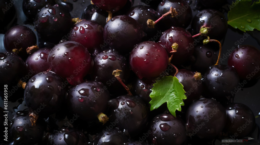 Fresh ripe blackcurrant with water drops background. Berries backdrop. Generative AI