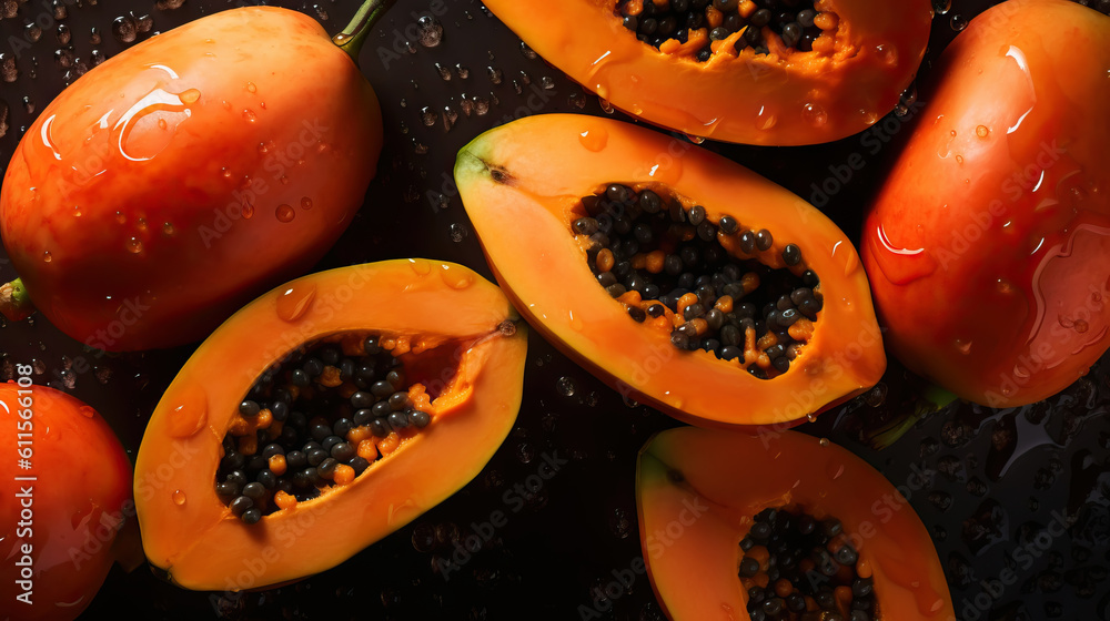 Fresh ripe papayas with water drops background. Fruits backdrop. Generative AI