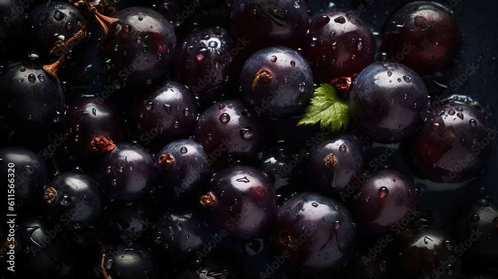 Fresh ripe blackcurrant with water drops background. Berries backdrop. Generative AI