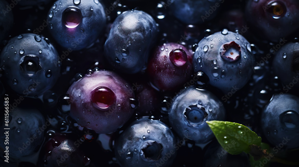 Fresh ripe huckleberry with water drops background. Berries backdrop. Generative AI