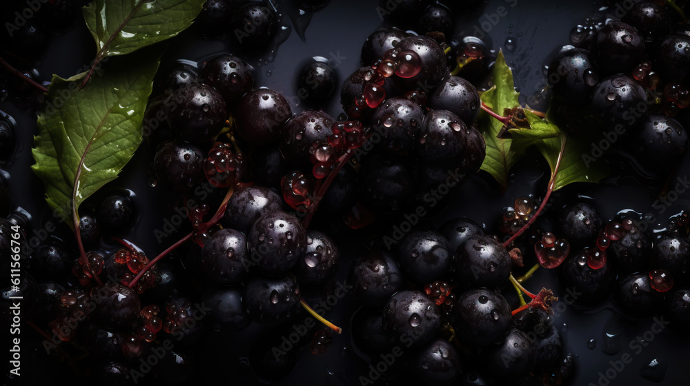 Fresh ripe elderberry with water drops background. Berries backdrop. Generative AI