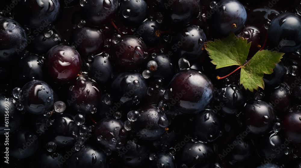 Fresh ripe blackcurrant with water drops background. Berries backdrop. Generative AI