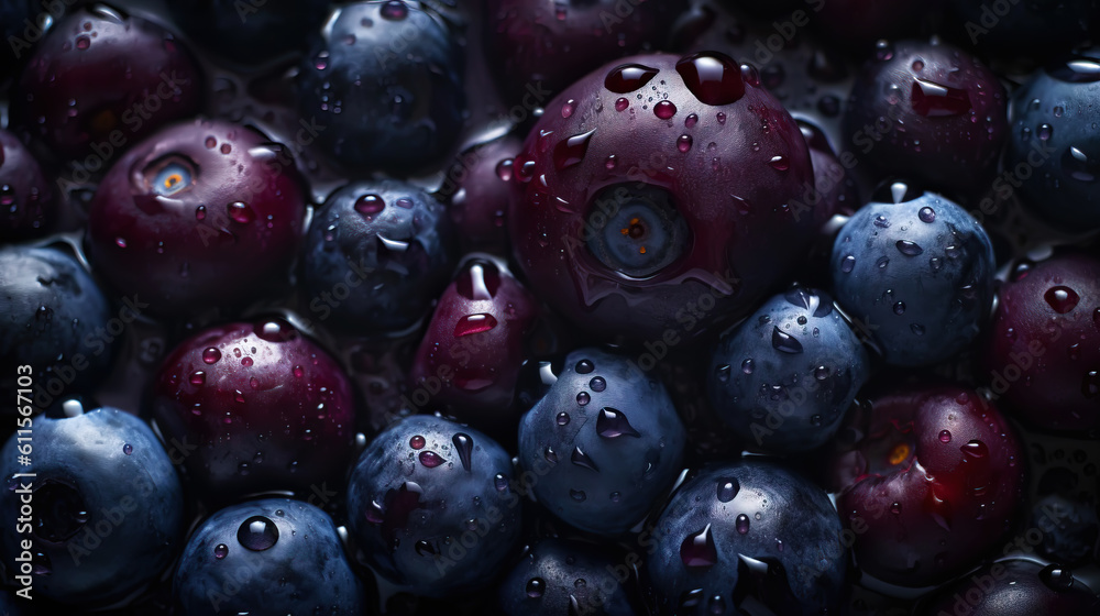 Fresh ripe huckleberry with water drops background. Berries backdrop. Generative AI