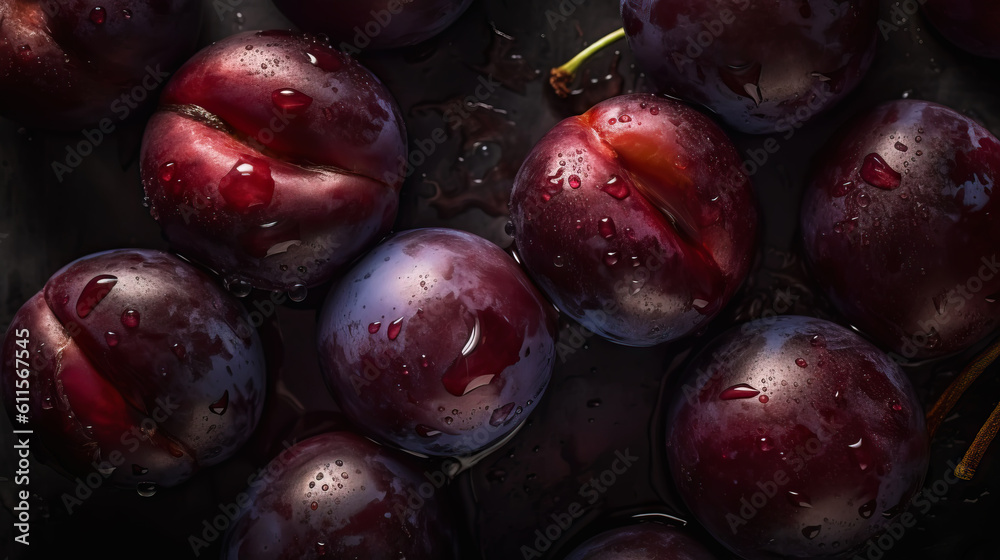 Fresh ripe plums with water drops background. Fruits backdrop. Generative AI