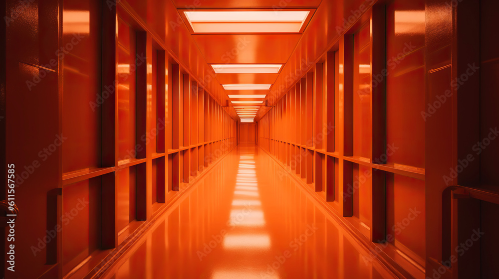 Orange abstract futuristic tunnel with neon lines. Generative AI