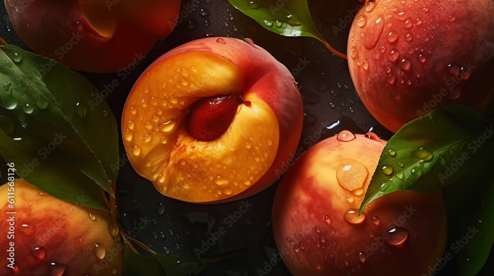 Fresh ripe peaches with water drops background. Fruits backdrop. Generative AI