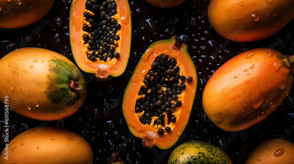 Fresh ripe papayas with water drops background. Fruits backdrop. Generative AI