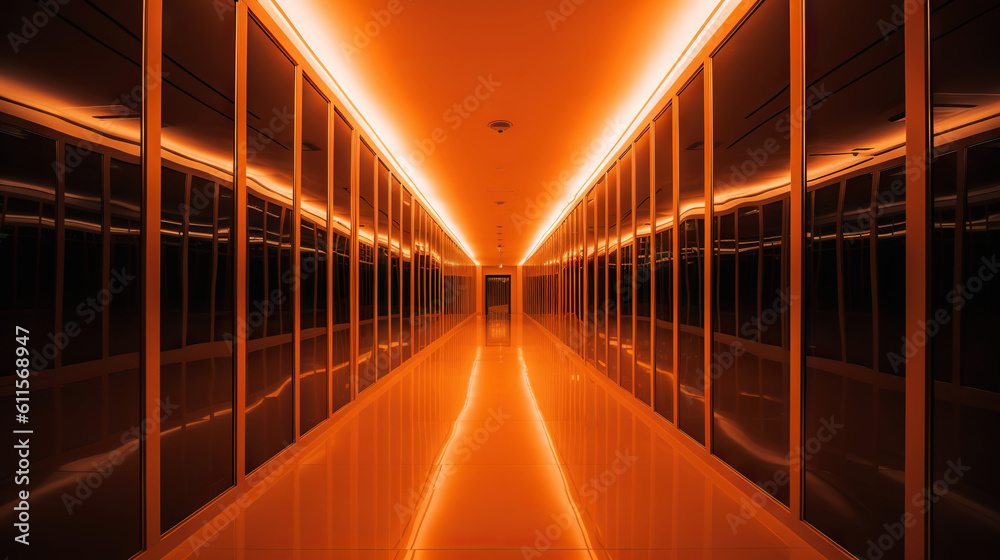 Orange abstract futuristic tunnel with neon lines. Generative AI