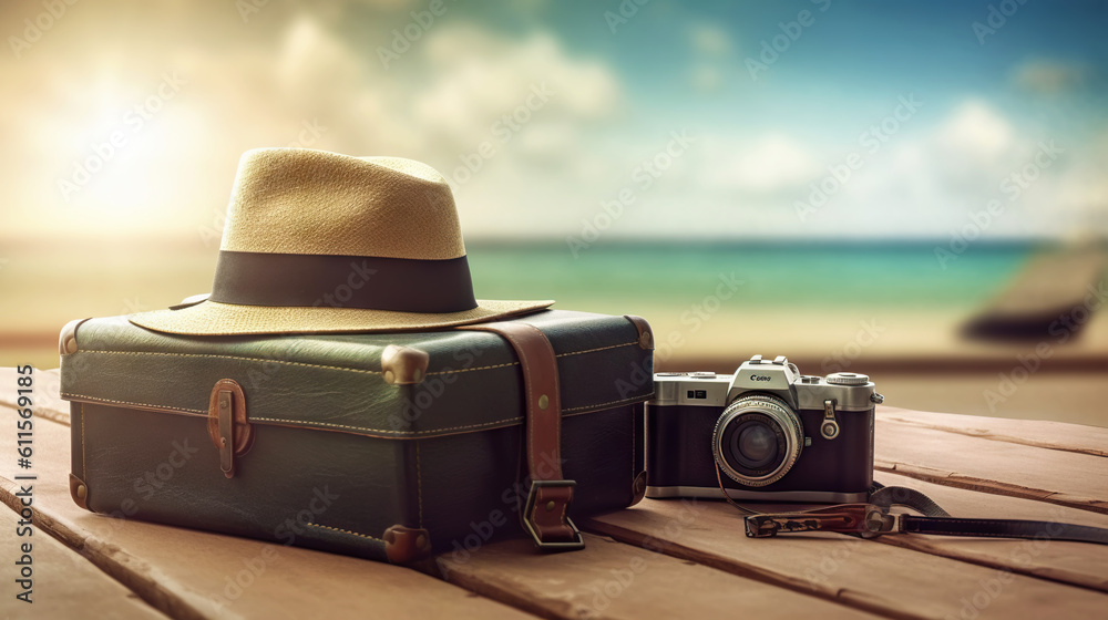 Suitcase, hat and accessories on the wooden floor with a sea background. Travel concept. Generative 