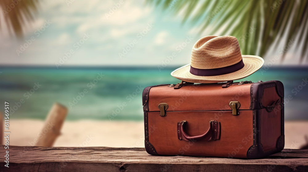 Suitcase, hat and accessories on the wooden floor with a sea background. Travel concept. Generative 