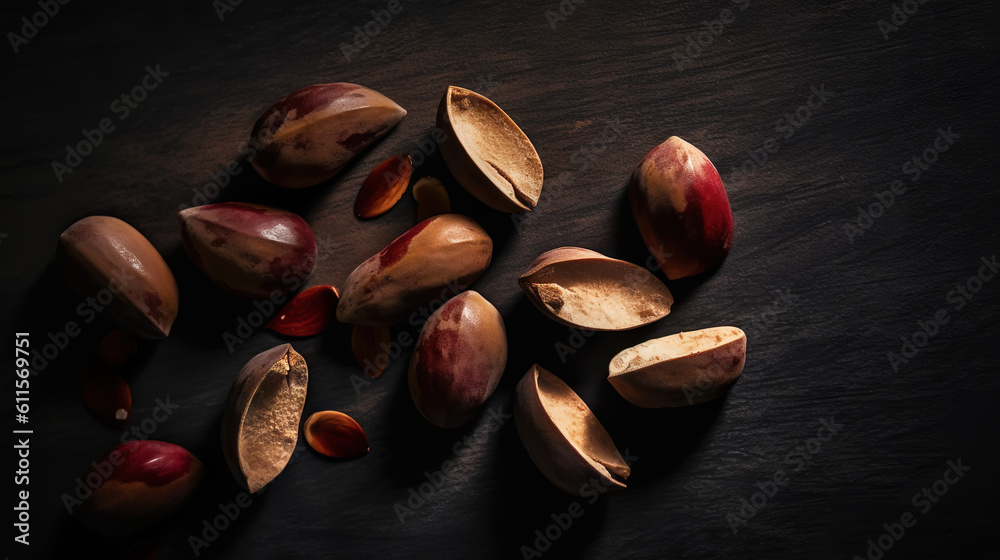 Many delicious Brazil nuts on dark background, top view. Generative AI