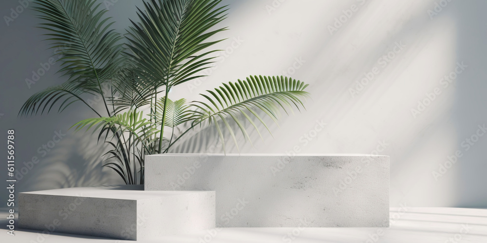 White product display podium with nature palm leaves. Generative AI