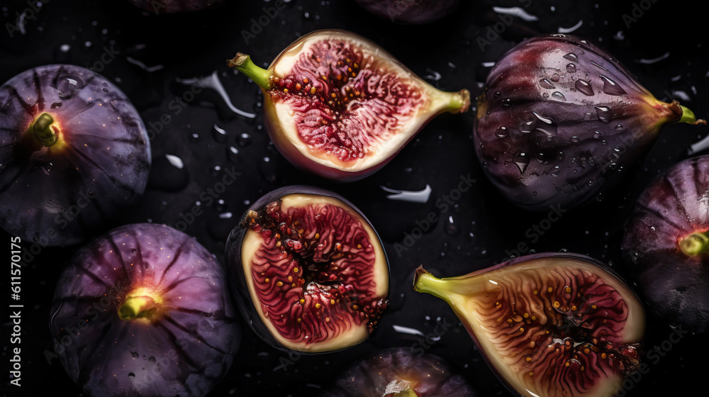 Fresh ripe figs with water drops background. Fruits backdrop. Generative AI