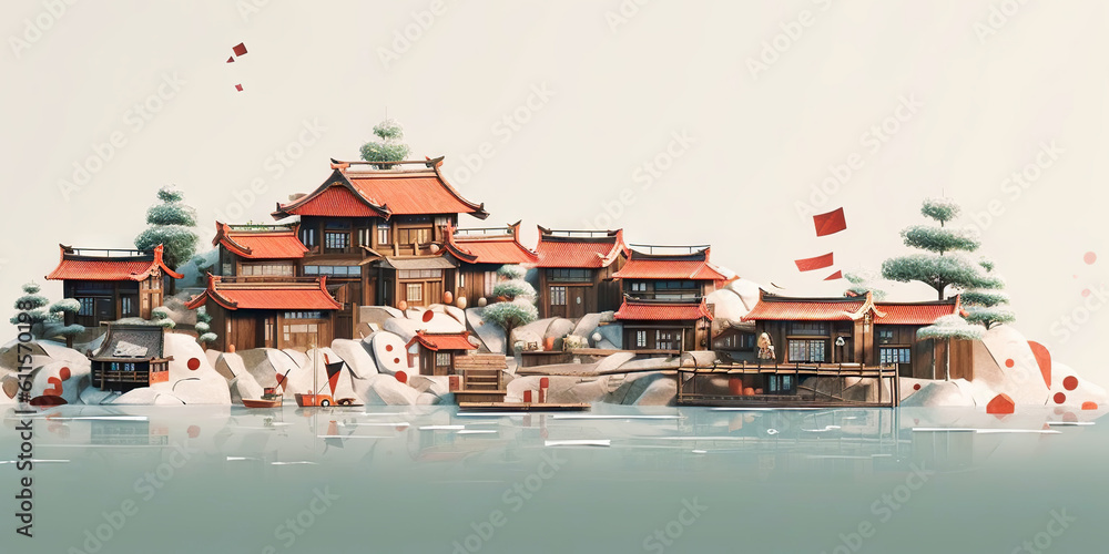 Minimalistic japanese village concept. Traditional scenic landscape. Generative AI