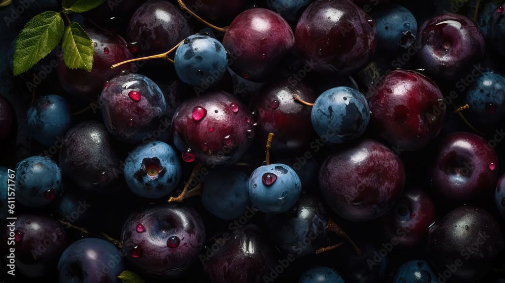 Fresh ripe huckleberry with water drops background. Berries backdrop. Generative AI