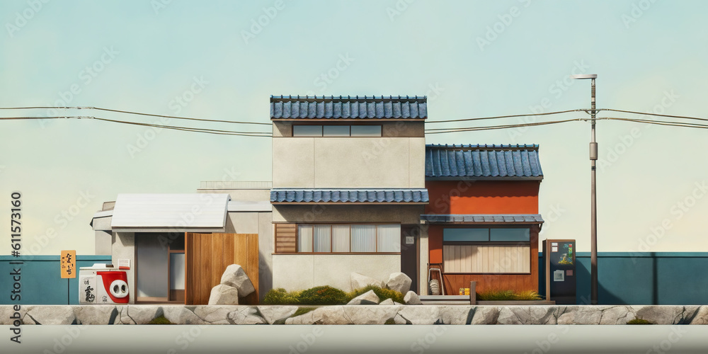 Minimalistic japanese village concept. Traditional scenic landscape. Generative AI