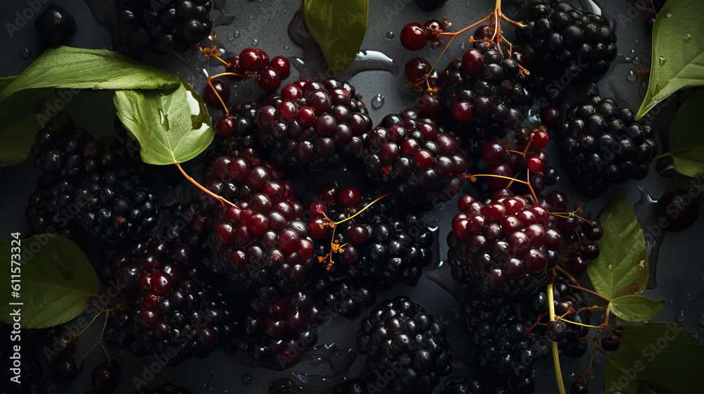 Fresh ripe elderberry with water drops background. Berries backdrop. Generative AI