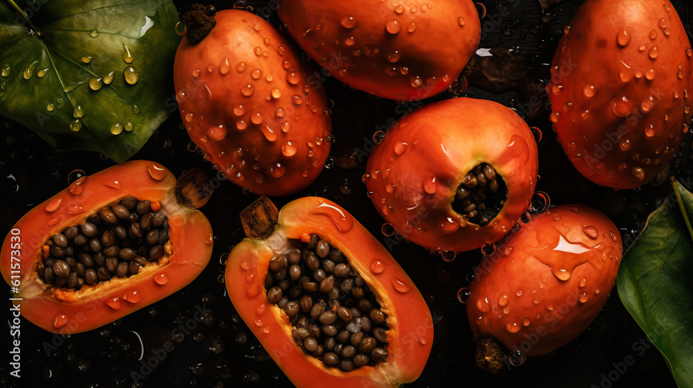 Fresh ripe papayas with water drops background. Fruits backdrop. Generative AI