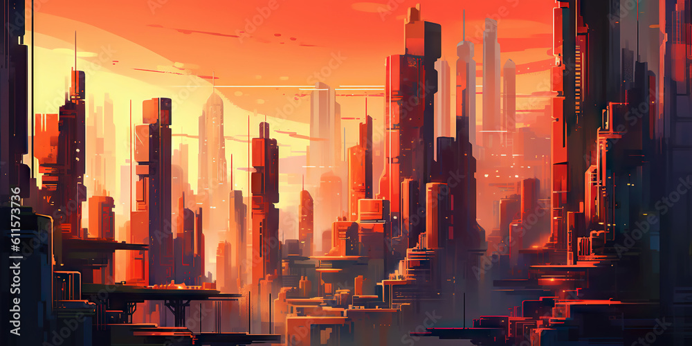 Panoramic cityscape in cyberpunk futuristic style. Towering skyscrapers in neon retrowave colors. Ge