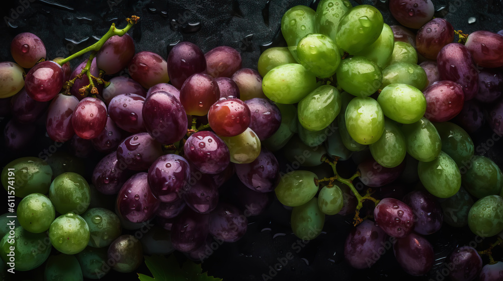 Fresh ripe grapes with water drops background. Berries backdrop. Generative AI