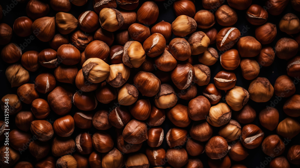 Large group og Hazelnuts. Food background. Generative AI