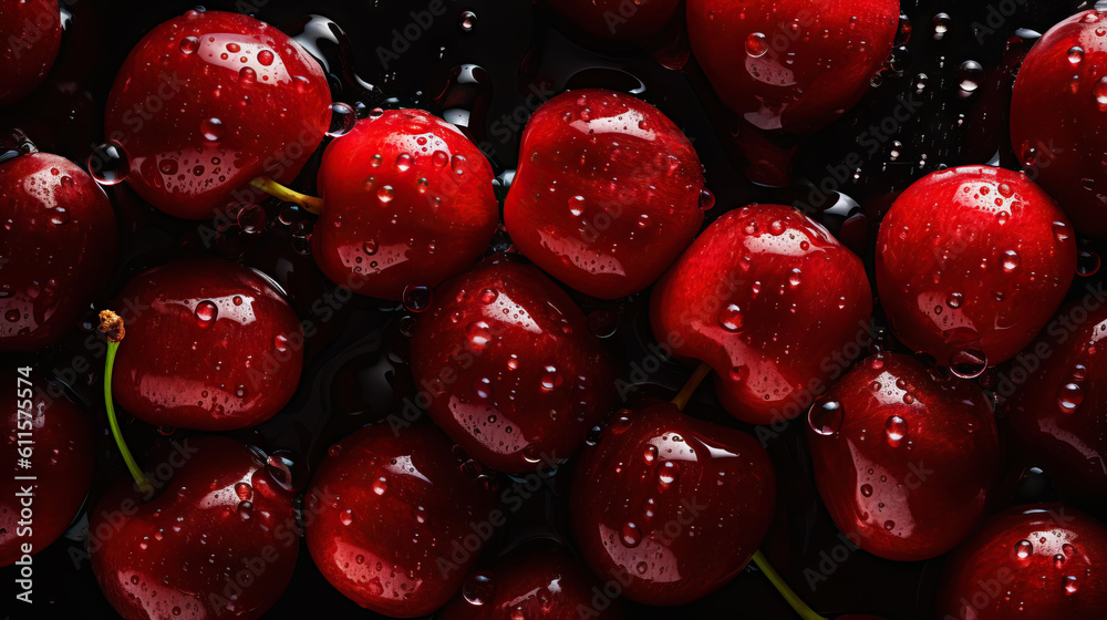 Fresh ripe cherries with water drops background. Berries backdrop. Generative AI