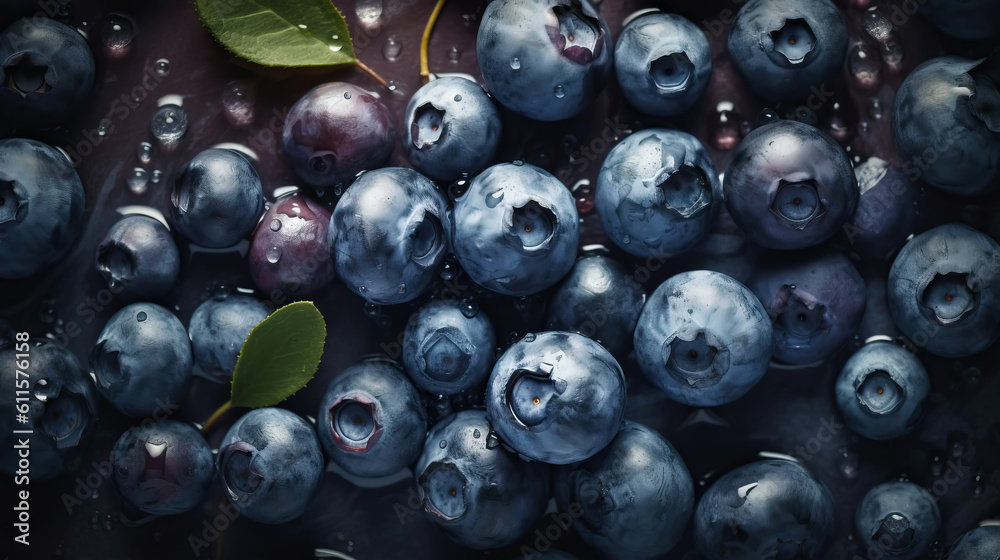 Fresh ripe blueberries with water drops background. Berries backdrop. Generative AI