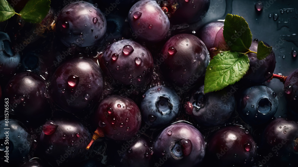 Fresh ripe huckleberry with water drops background. Berries backdrop. Generative AI