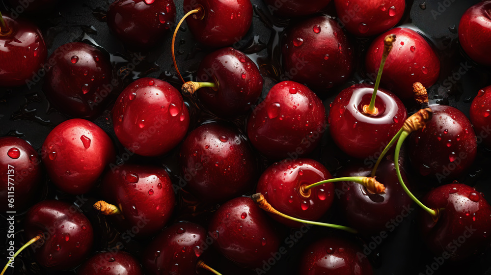 Fresh ripe cherries with water drops background. Berries backdrop. Generative AI