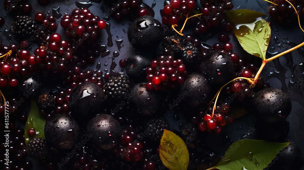 Fresh ripe elderberry with water drops background. Berries backdrop. Generative AI