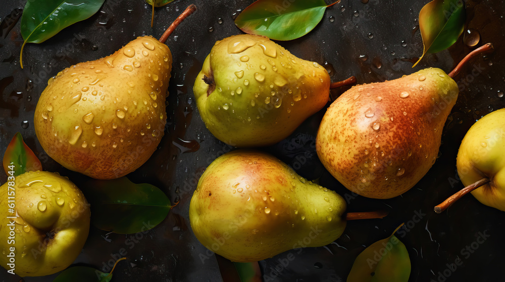 Fresh ripe pears with water drops background. Fruits backdrop. Generative AI