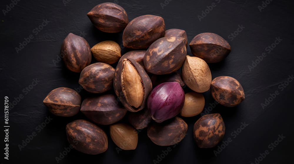 Dried Kola Nuts on dark background. Food backdrop. Generative AI