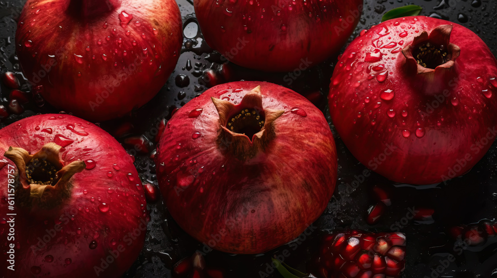 Fresh ripe pomegranades with water drops background. Fruits backdrop. Generative AI