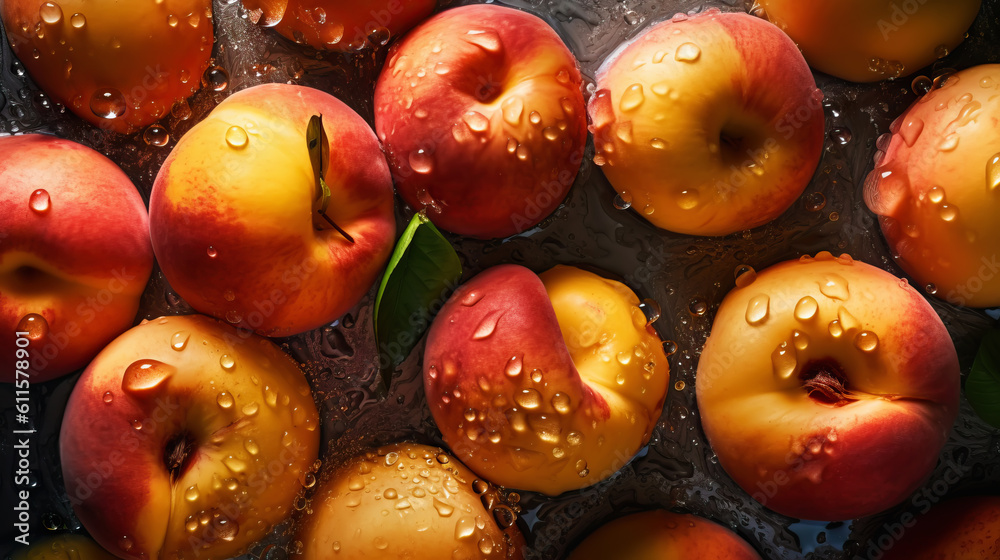 Fresh ripe peaches with water drops background. Fruits backdrop. Generative AI