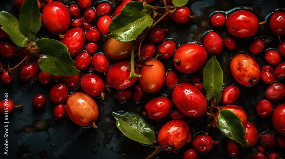 Fresh ripe barberries with water drops background. Berries backdrop. Generative AI