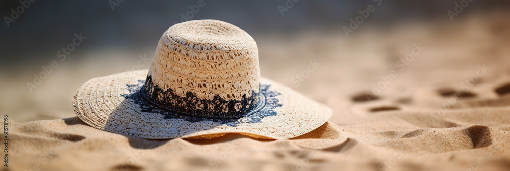 Hat on the sand with a sea background. Travel concept. Generative AI