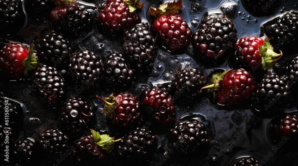 Fresh ripe blackberries with water drops background. Berries backdrop. Generative AI