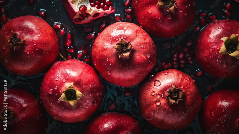 Fresh ripe pomegranades with water drops background. Fruits backdrop. Generative AI